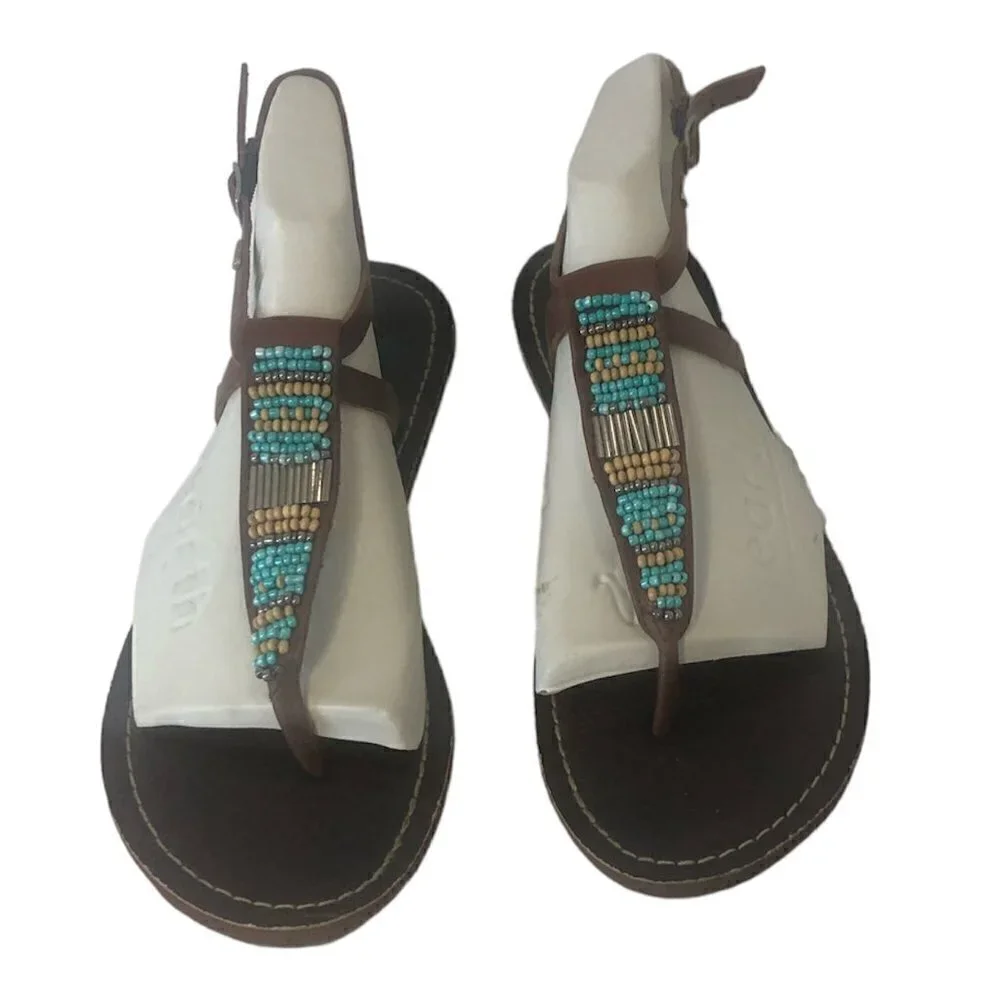 Roxy Sandals T-Strap Women's Size 7/7.5 Brown Multicolor Beading Leather